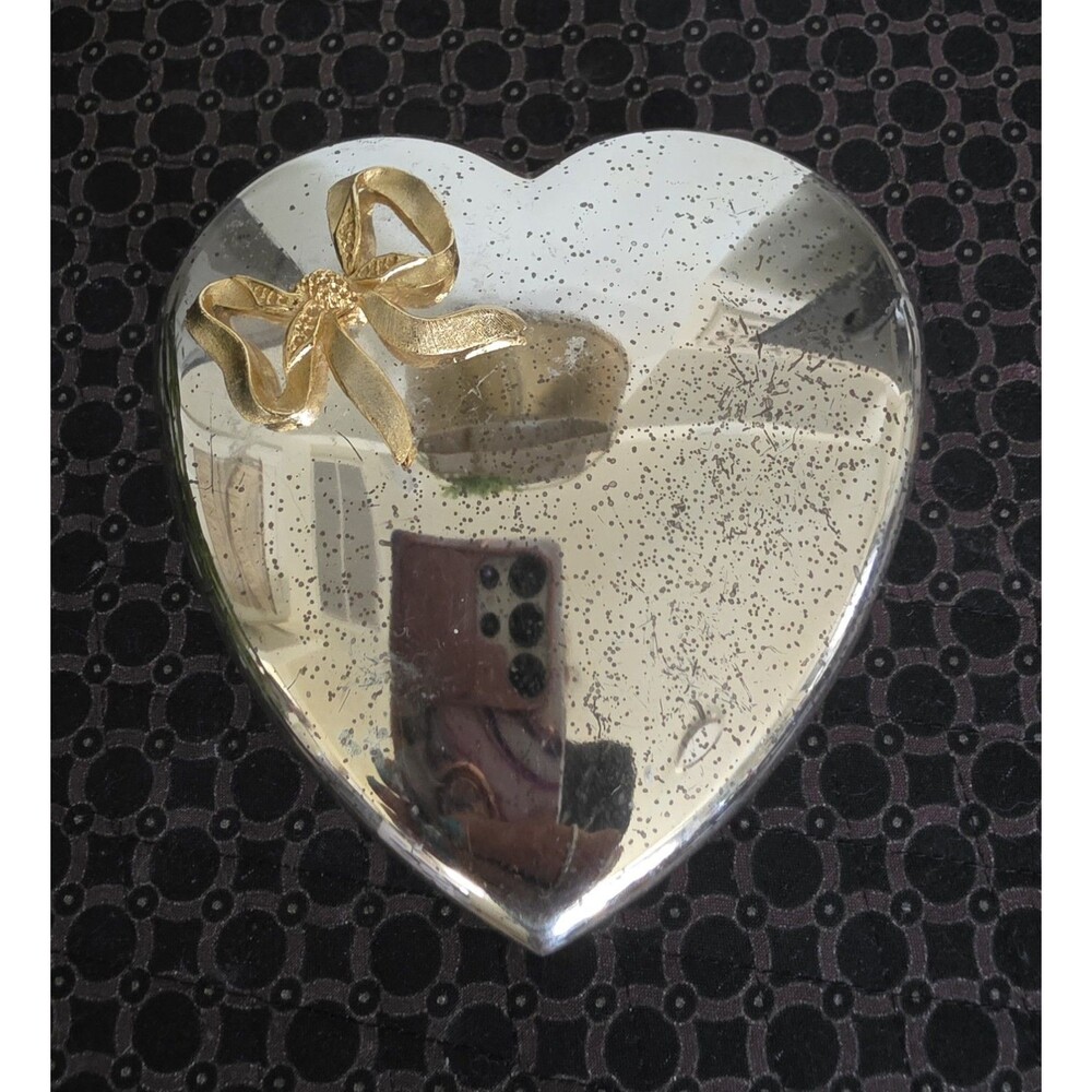 Retro Silver Plated Heart Shaped Jewelry Trinket Box With GoldTone Metal Bow EuC